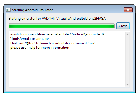 Felmeddelande vid start av Android-emulatorn