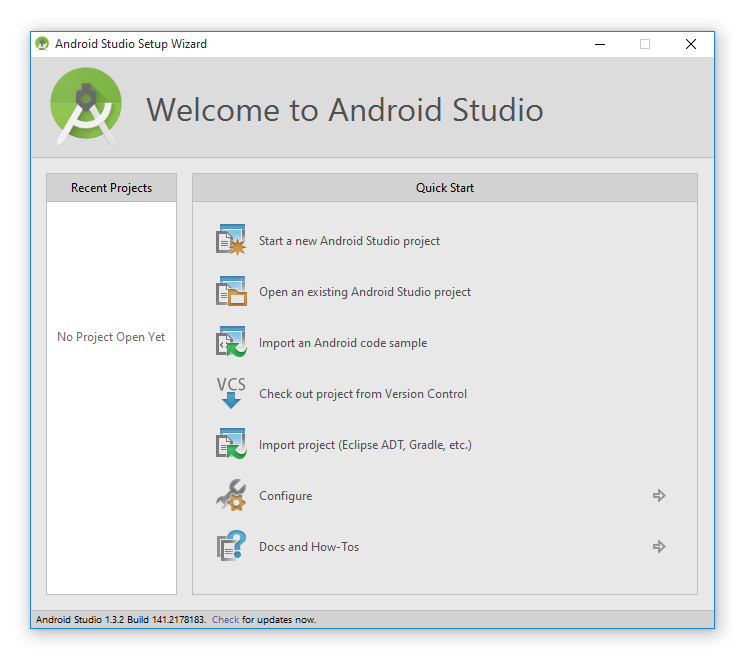 Startfnstret i Android Studio