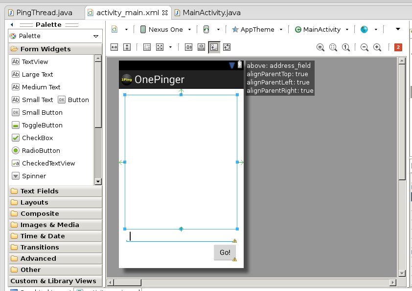 OnePinger-layouten i Layout-editorn i Eclipse