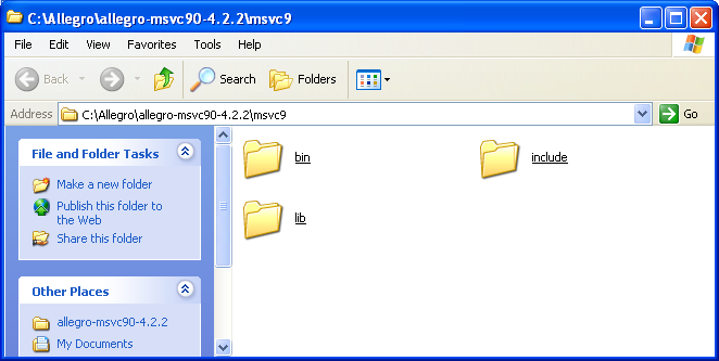 Den uppackade zip-filen allegro-msvc90-4.2.2