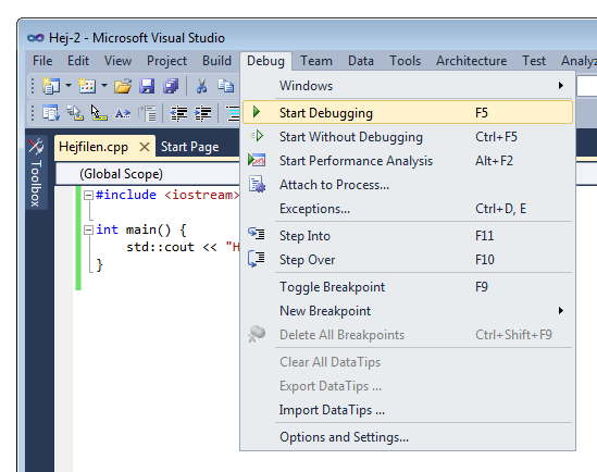 Menyval i Visual Studio-fnstret