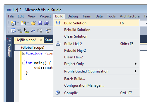 Menyval i Visual Studio-fnstret