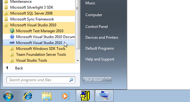Visual Studio i Start-menyn