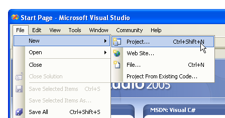 Menyval i Visual Studio-fnstret