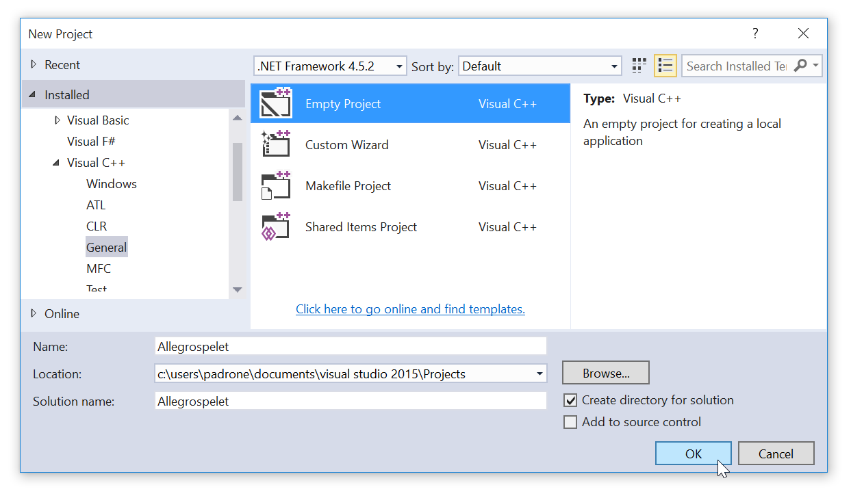 Ett tomt projekt i Visual C++