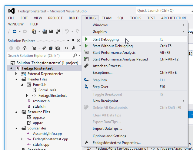 Menyval i Visual Studio-fnstret