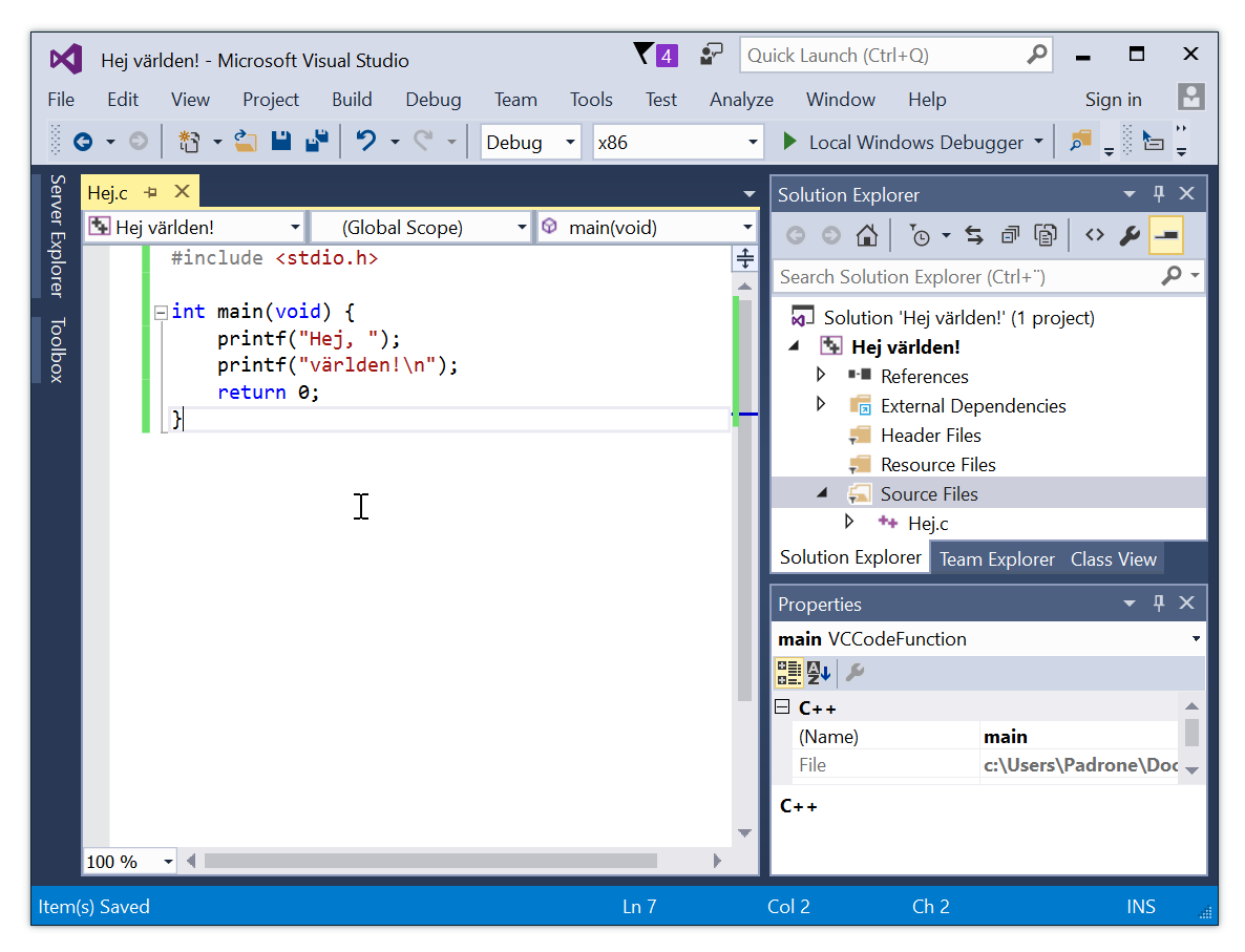 Redigeringsrutan i Visual Studio-fnstret