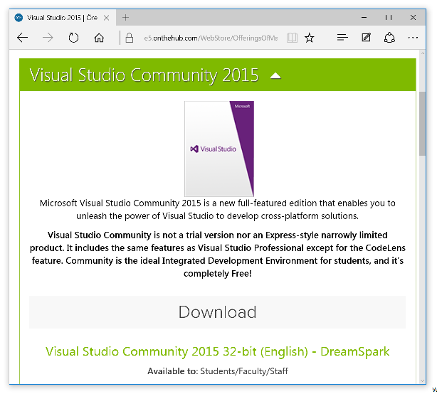 Visual Studio 2015 Community p DreamSpark Premium