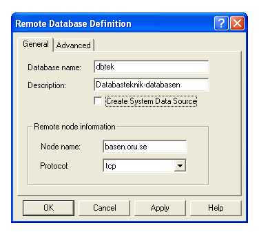 The Remote Database Definition window