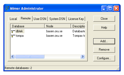 The Mimer Administrator window with the new remote database