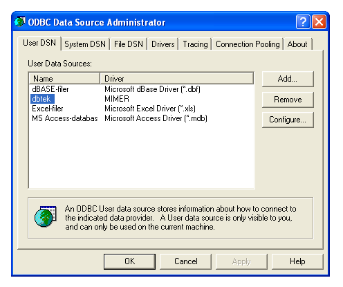 The ODBC Data Source Administrator window