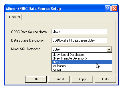 The Mimer ODBC Data Source Setup window