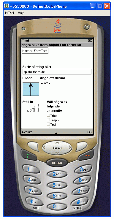 Ett formulr med flera Item-objekt i emulatorn