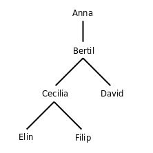 Ett slkttrd med Anna, Bertil, Cecilia, David, Elin och Filip