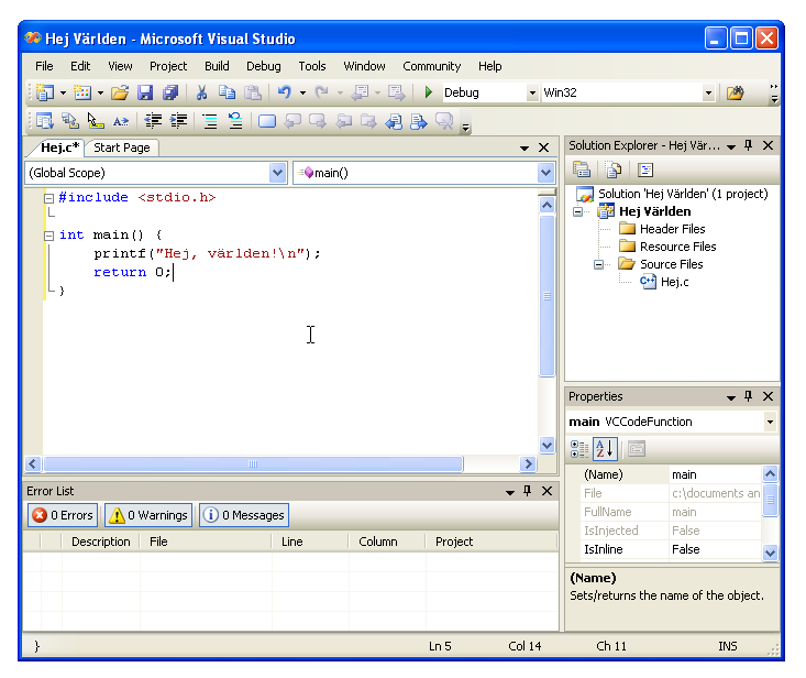 Redigeringsrutan i Visual Studio-fnstret