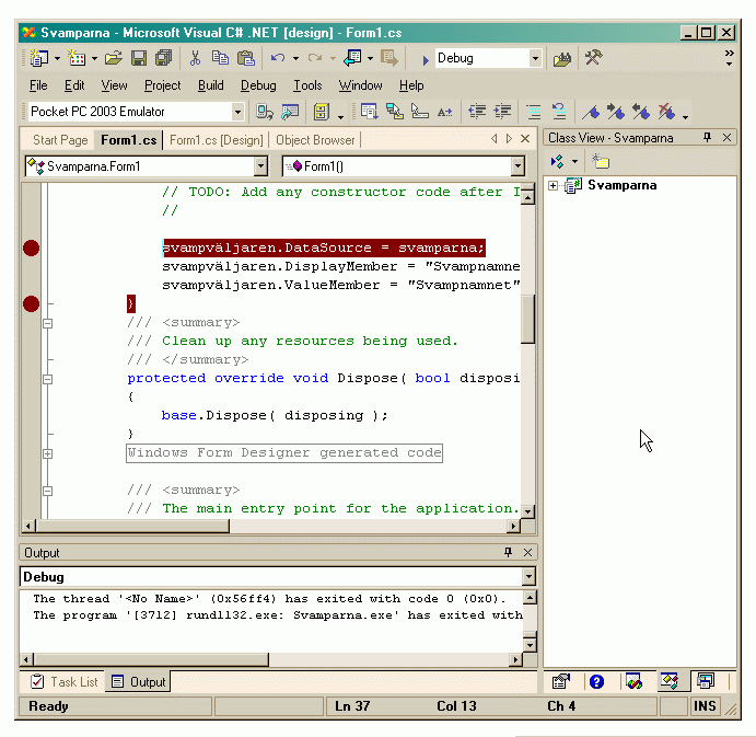 Tillmpningen "Svamparna" med automatisk databindning i emulatorn och i debuggern