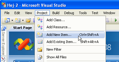 Menyval i Visual Studio-fönstret