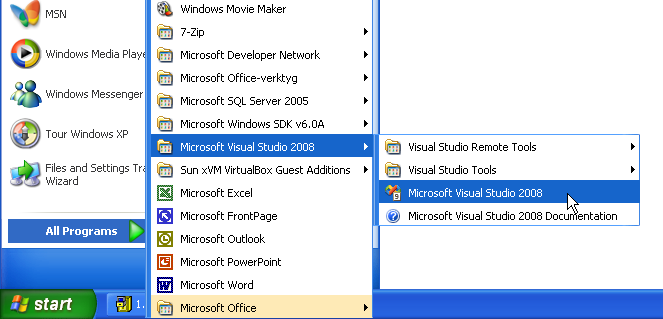 Visual Studio i Start-menyn