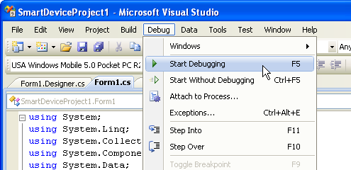 Menyval i Visual Studio-fönstret